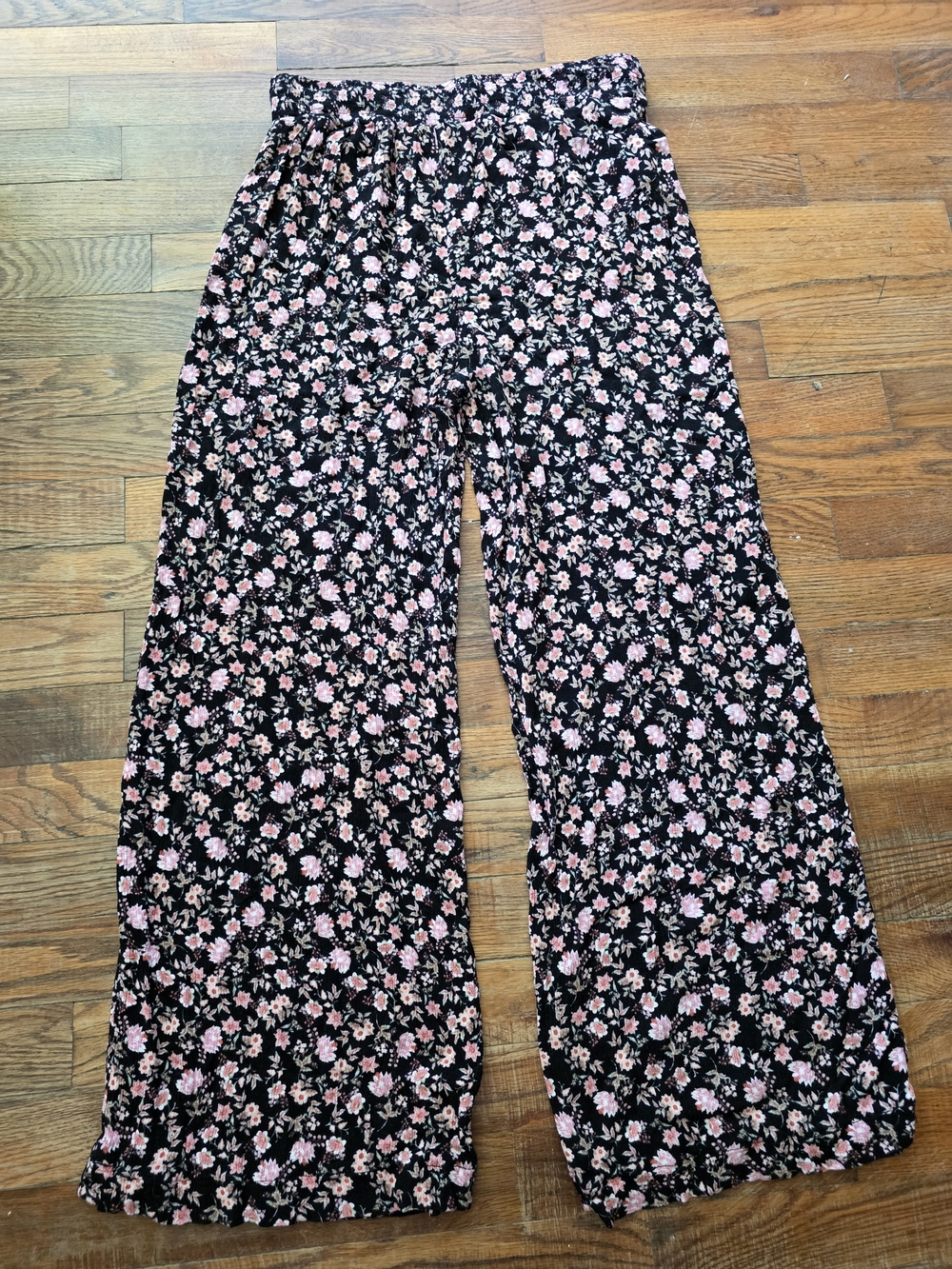 Girls' Black Floral Wide-Leg Casual Pants - Pink Flower Print